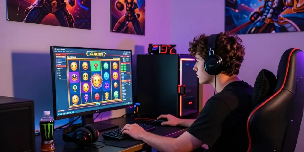 Seorang pemain slot gacor serius bermain di komputer, dengan tampilan grafis yang menarik dan suasana gaming yang energik.