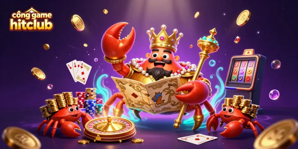 Experience the thrill at cổng game hitclub with a majestic golden crab emperor leading the adventure.