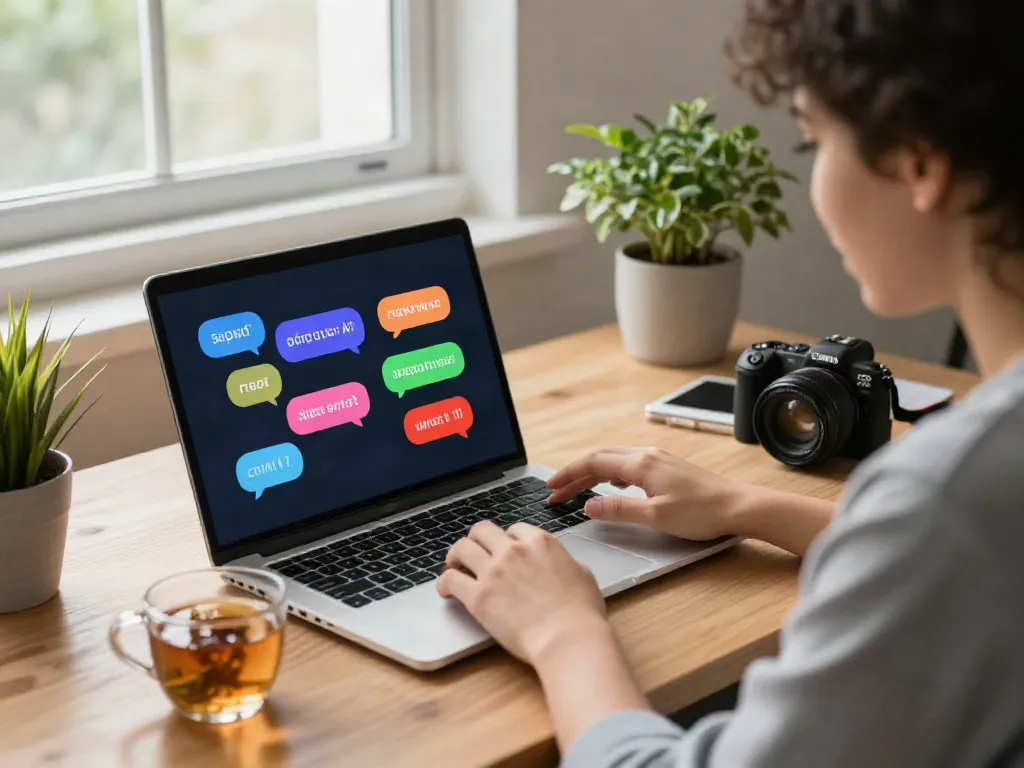 Engaging user interacting with spicy chat AI on laptop in modern workspace.