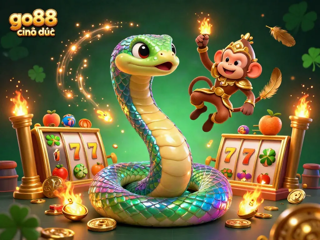 Engage in a vibrant visual of go88 chính thức with a rainbow serpent and monkey king amid casino elements.
