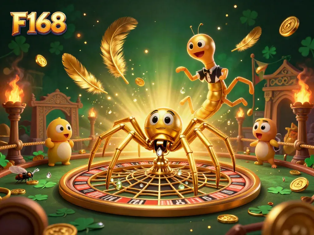 F168 engages in thrilling betting action with a whimsical golden spider and centipede croupier in this vibrant casino scene.