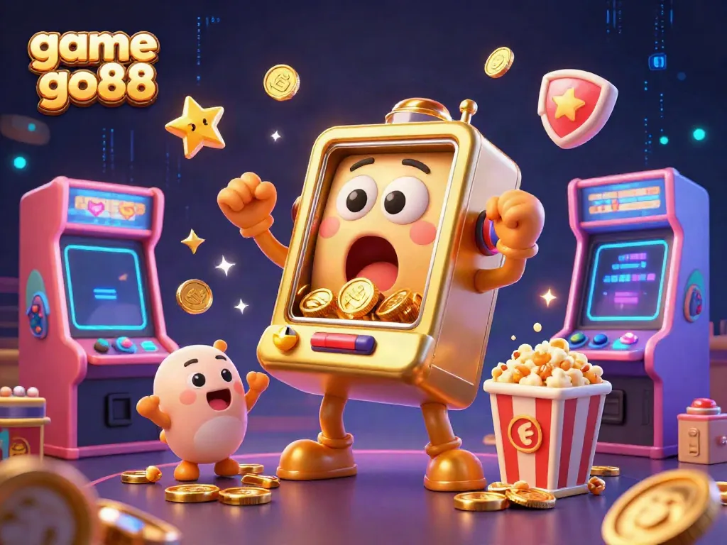 Experience the thrill of game go88 as a golden slot machine hits the jackpot with cheering companions.