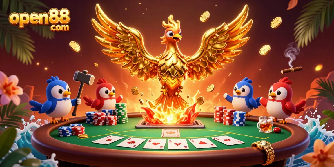 Engage with the thrilling ambiance of open88 com at an enchanting casino scene featuring golden phoenix and poker elements.